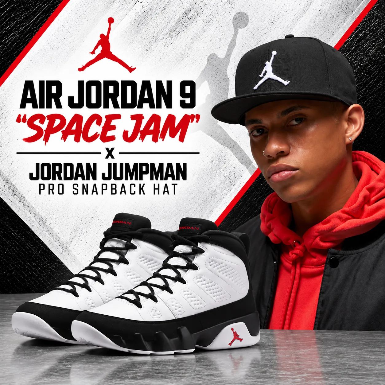 Air Jordan 9 “Space Jam” sneakers with black Jordan Jumpman Pro Snapback Hat