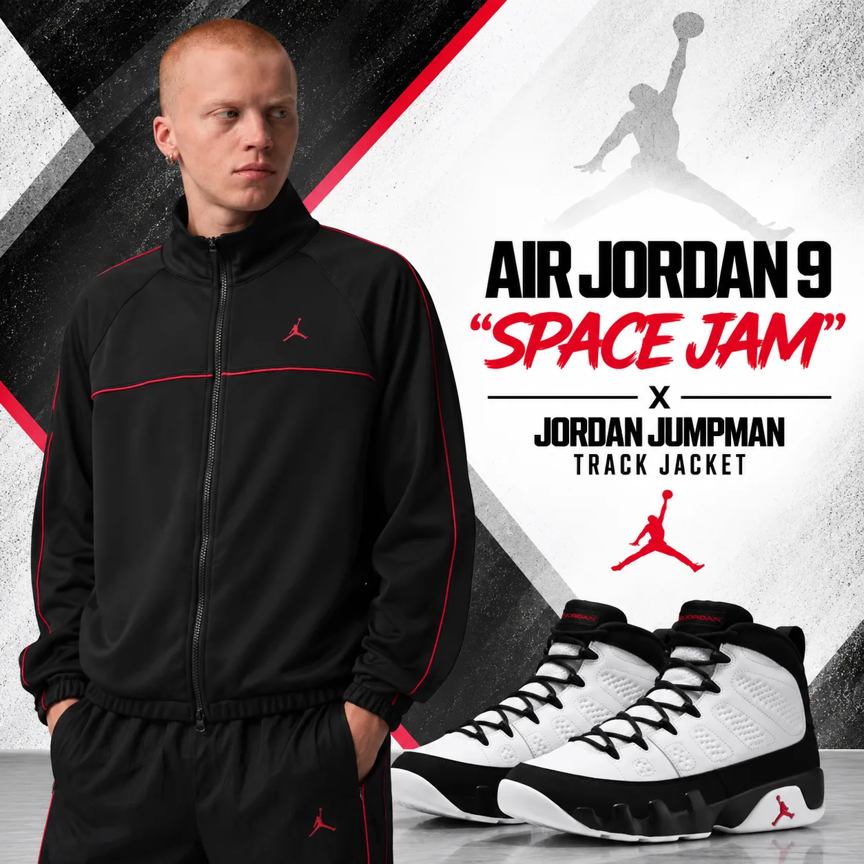 Air Jordan 9 Space Jam sneakers with black Jordan Jumpman Track Jacket