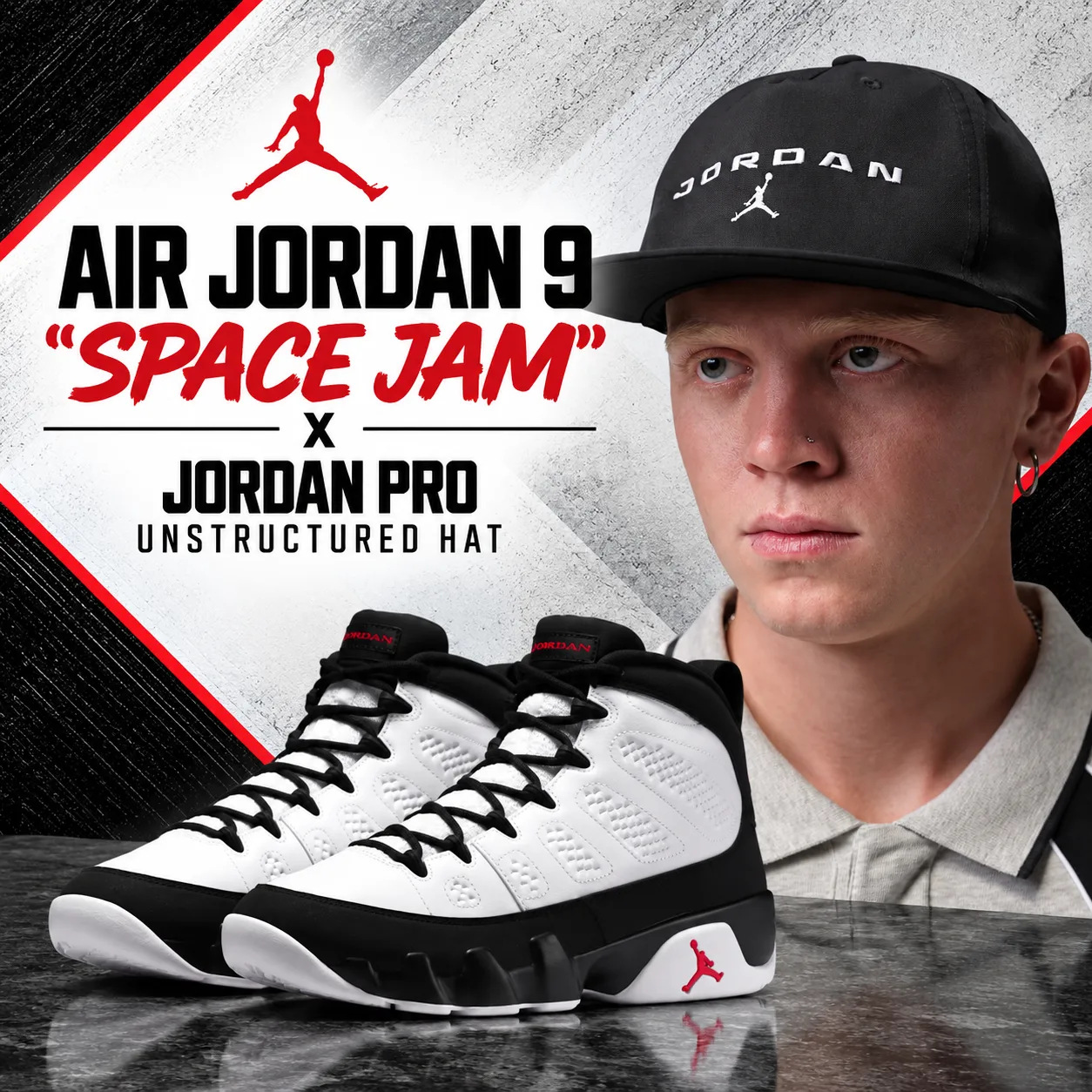 Air Jordan 9 “Space Jam” sneakers with black Jordan Pro Unstructured Hat