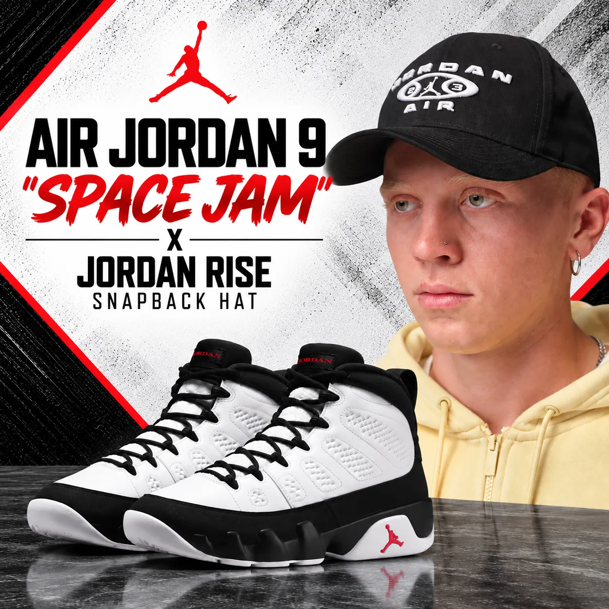 Air Jordan 9 “Space Jam” sneakers with black Jordan Rise Snapback Hat