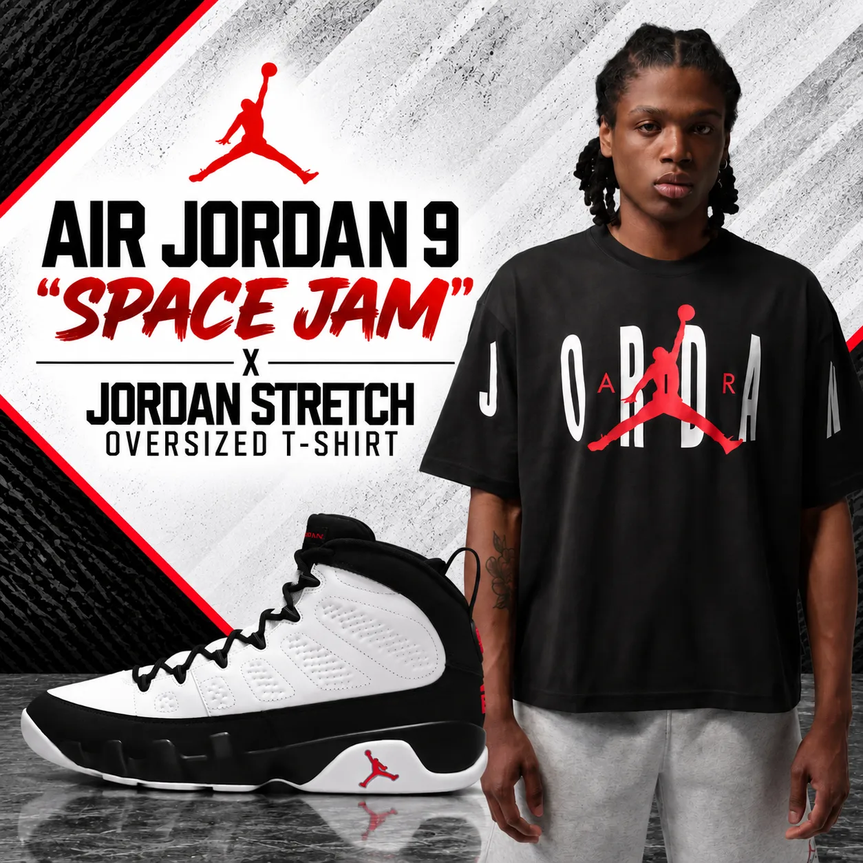 Air Jordan 9 “Space Jam” sneakers with black Jordan Stretch Oversized T-Shirt
