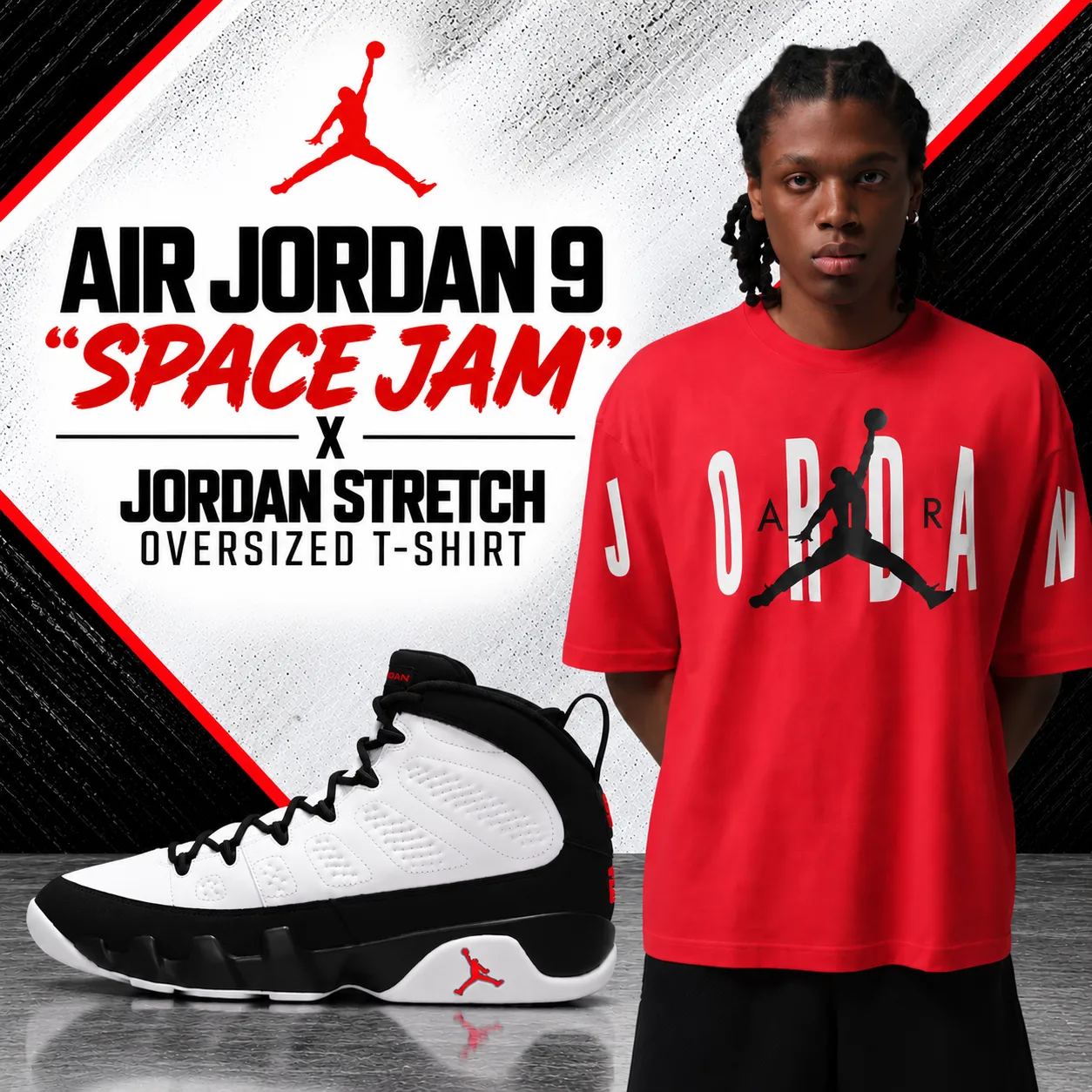 Air Jordan 9 “Space Jam” sneakers with red Jordan Stretch Oversized T-Shirt