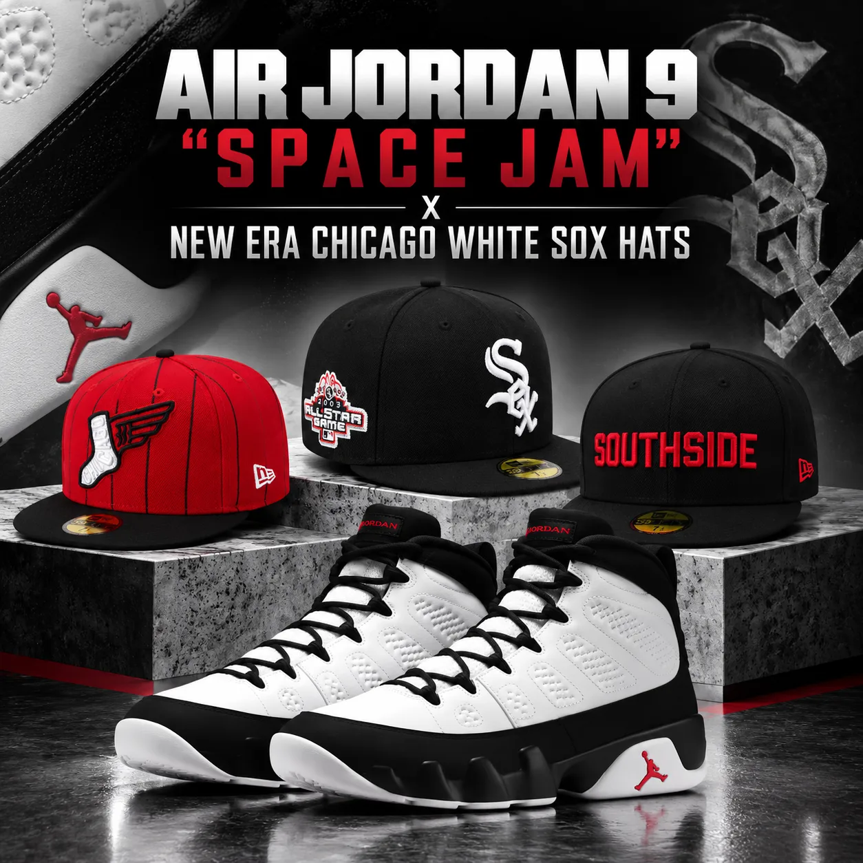 Air Jordan 9 “Space Jam” sneakers with New Era Chicago White Sox hats in black, white and red