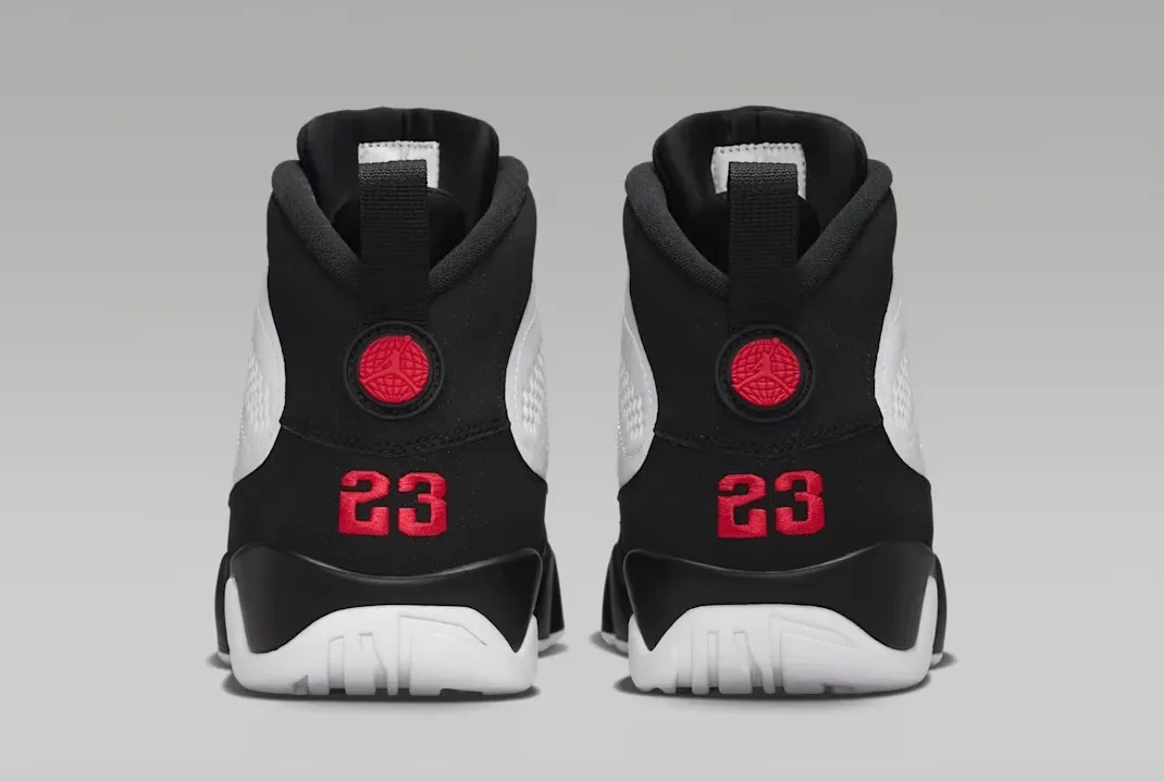 Rear view of the Air Jordan 9 Space Jam with True Red 23 heel branding.