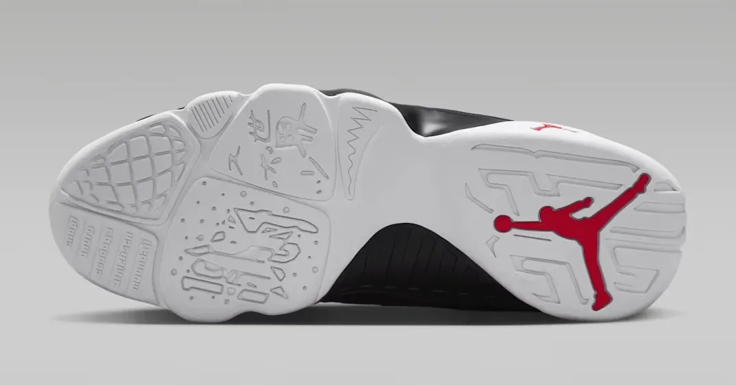 Air Jordan 9 Space Jam white outsole with black and True Red details.