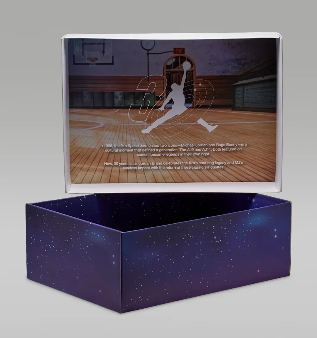 Open Air Jordan 9 Space Jam shoe box with Space Jam themed interior packaging.