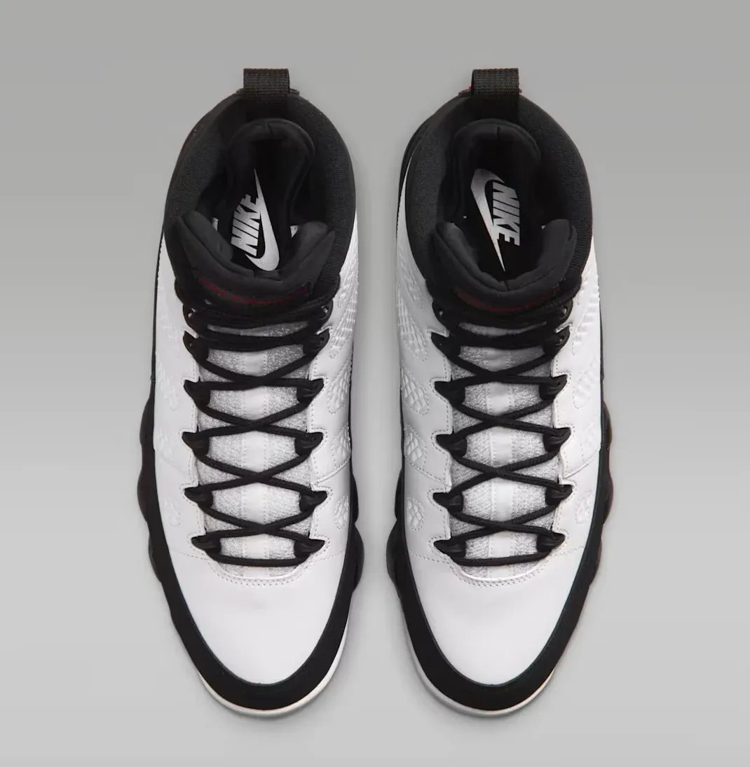 Top view of the Air Jordan 9 Space Jam with white uppers and black laces.