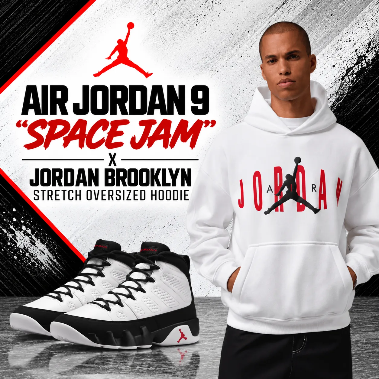 Air Jordan 9 “Space Jam” sneakers with white Jordan Brooklyn Stretch Oversized Hoodie outfit