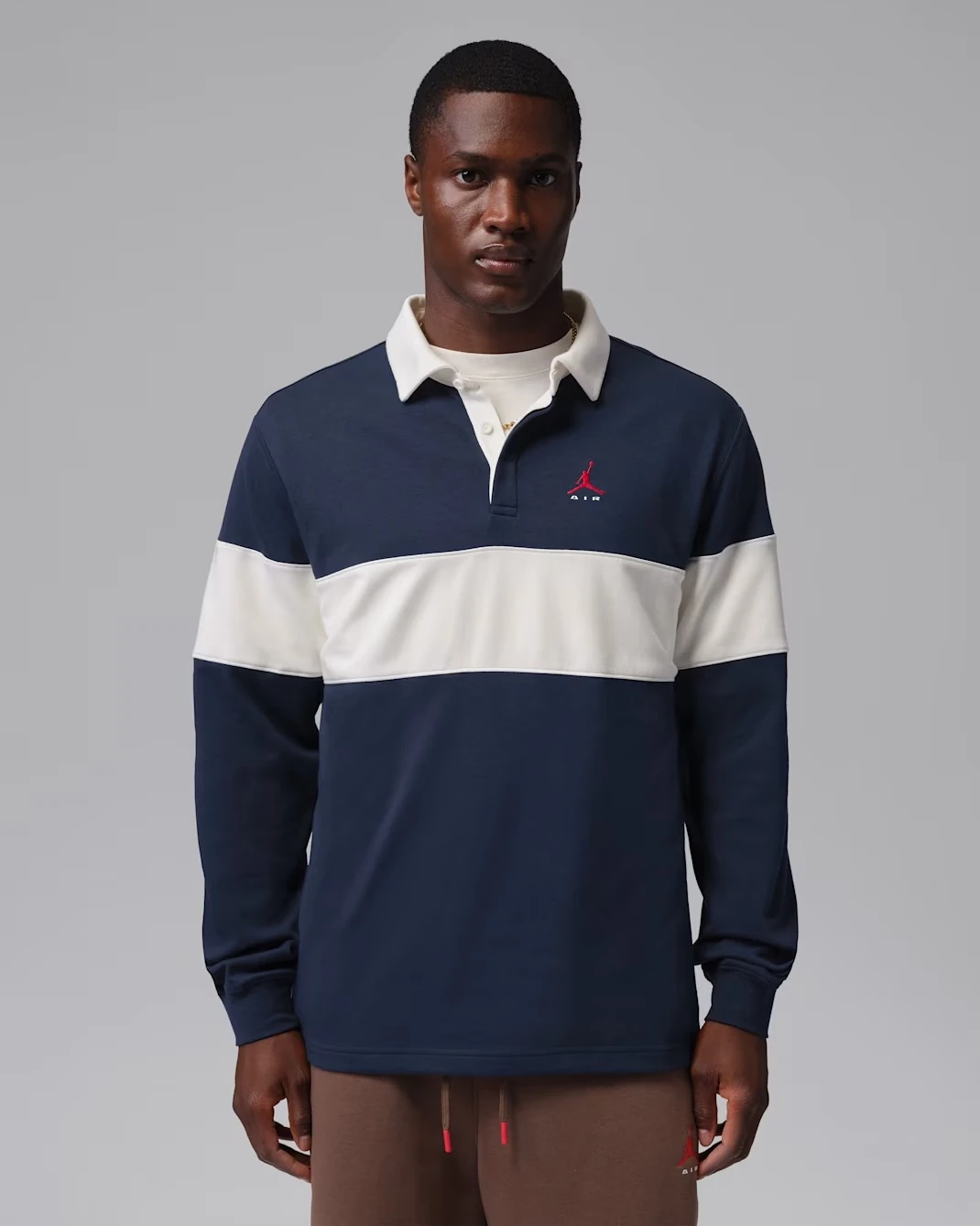 Jordan Brooklyn Long-Sleeve Polo in College Navy, Sail and University Red