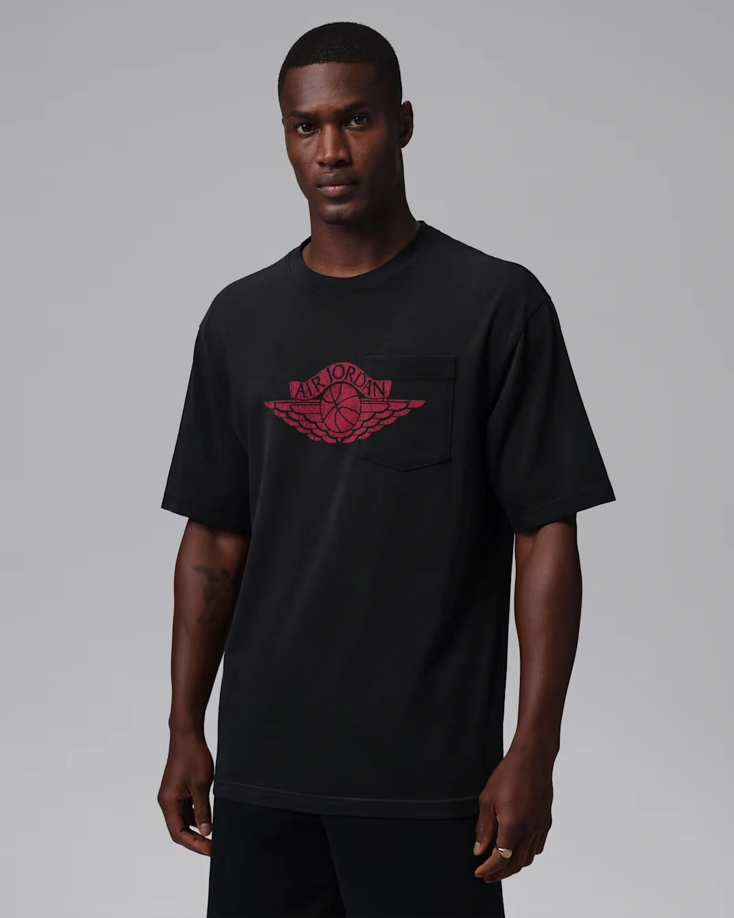 Jordan Flight Essentials Pocket T-Shirt in Black and University Red