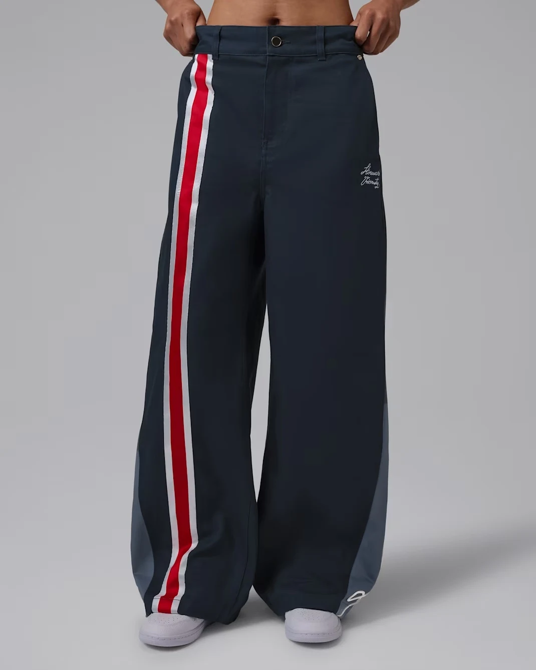 Jordan Flight x Howard University women’s barrel pants in College Navy with University Red and white side stripes