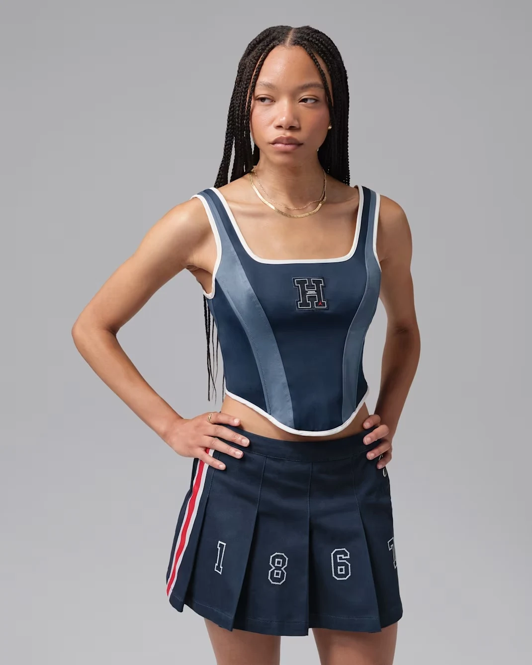 Jordan Flight x Howard University women’s corset in College Navy and Diffused Blue with white trim