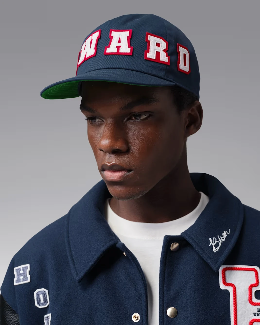 Front view of Jordan Pro x Howard University cap in College Navy, University Red and White