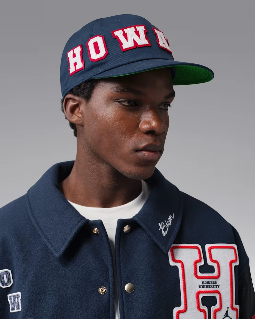 Side view of Jordan Pro x Howard University cap in College Navy, University Red and White