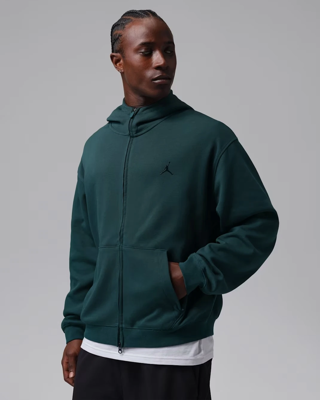 Jordan Sport Hoop Fleece men’s Dri-FIT full-zip hoodie in Midnight Spruce.