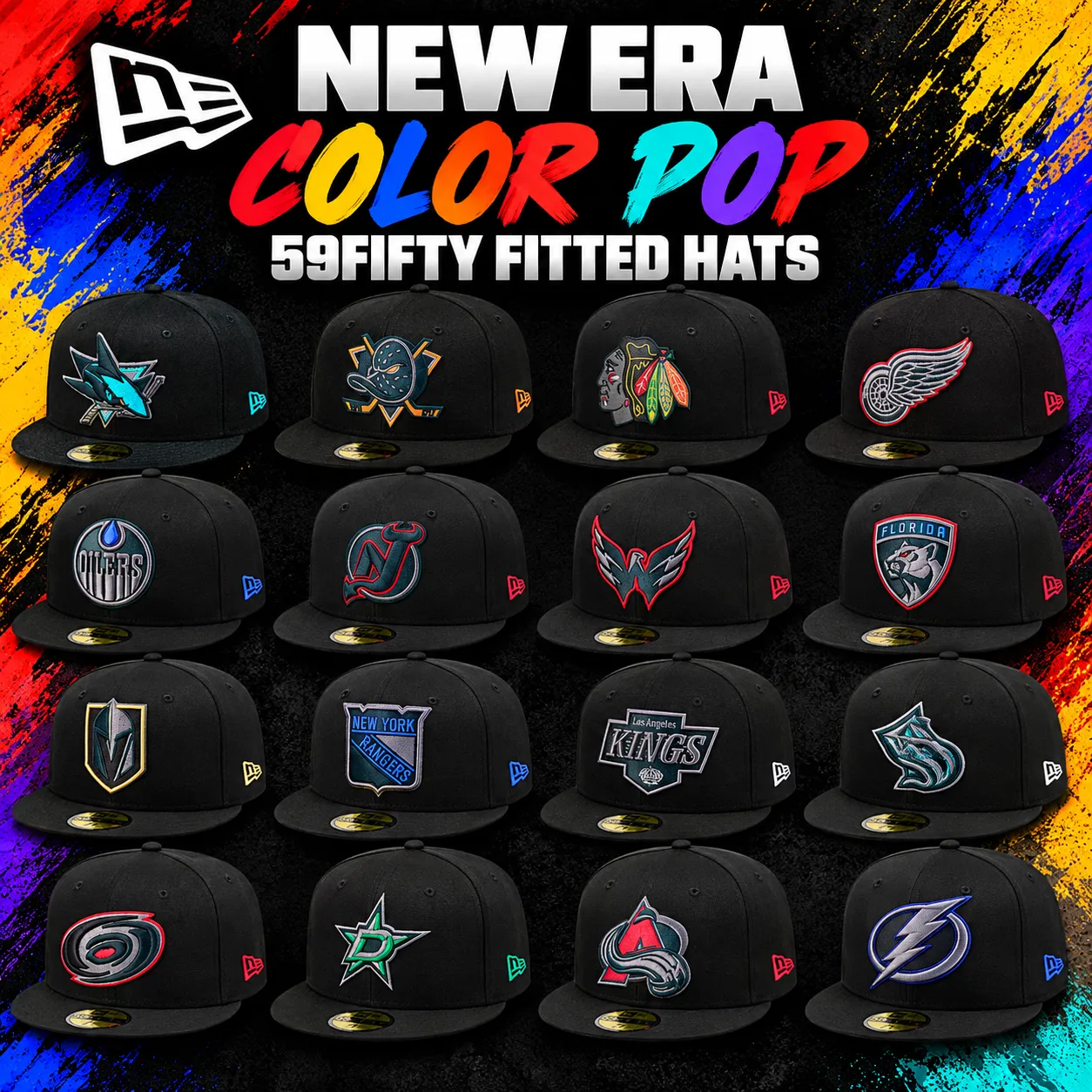 New Era Color Pop 59FIFTY fitted hats featuring black crowns and colorful embroidered team logos.