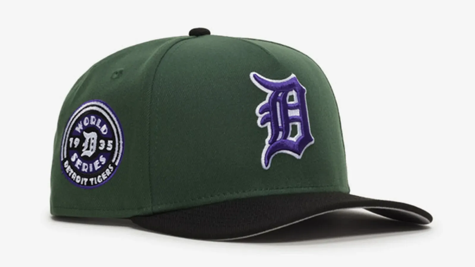 New Era Detroit Tigers 9FIFTY A-Frame Snapback Hat in pine green, black and purple.