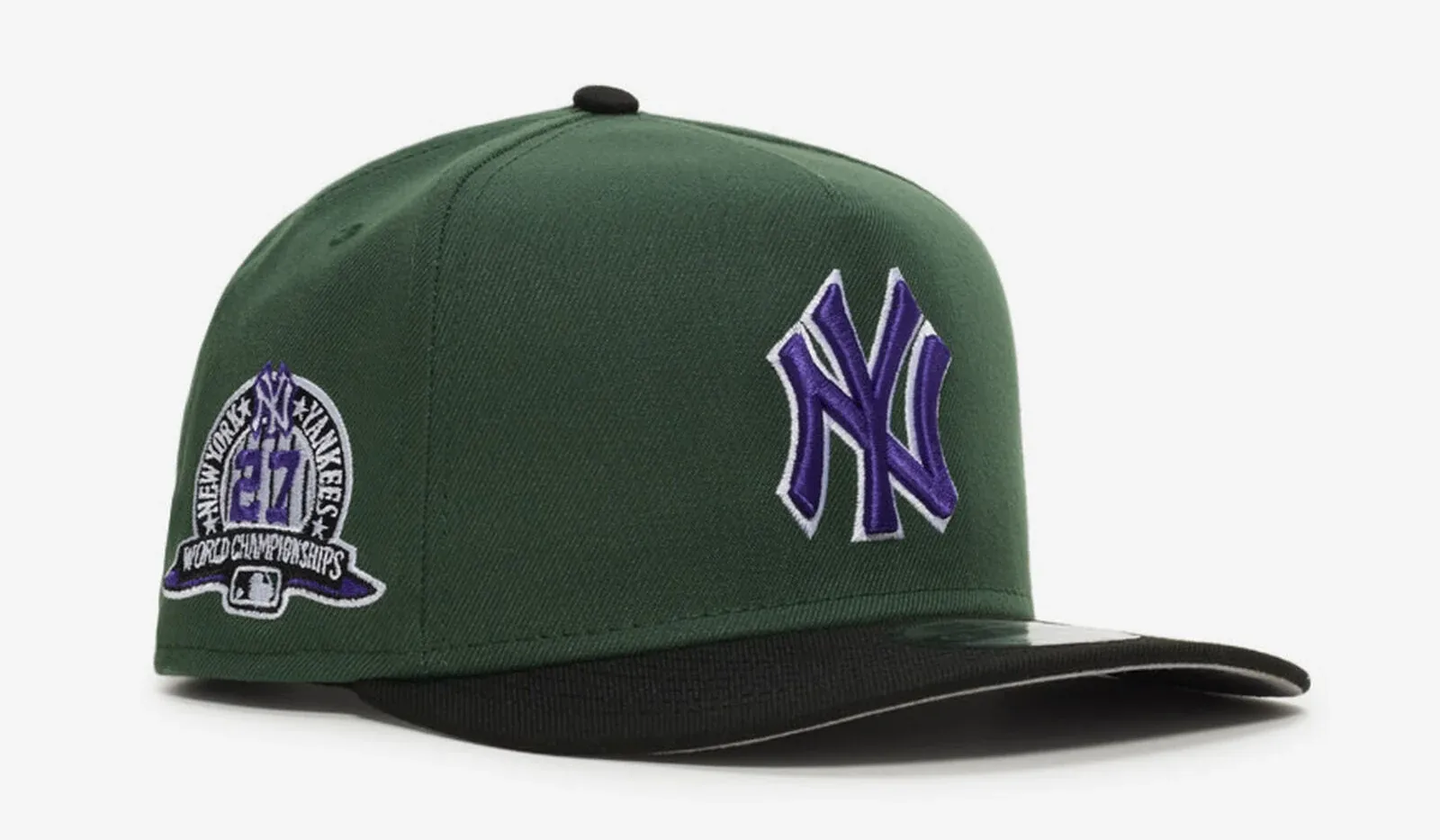 New Era New York Yankees 9FIFTY A-Frame Snapback Hat in green, black and purple.