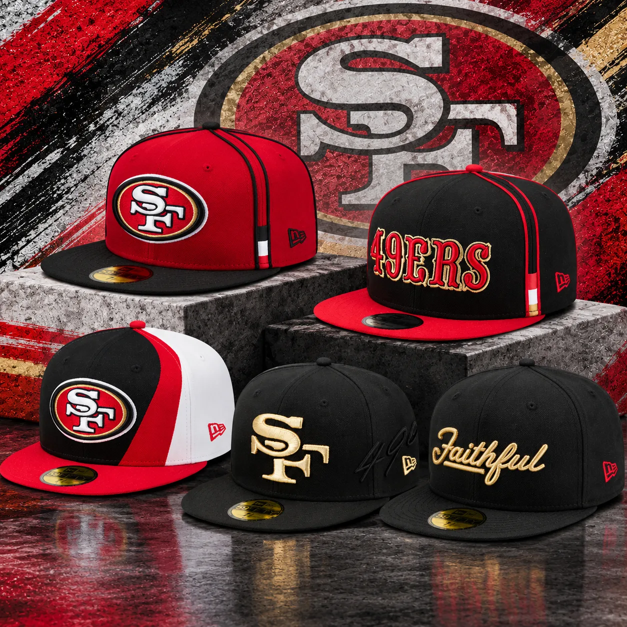 New Era San Francisco 49ers hats in black, red, white and gold colorways.