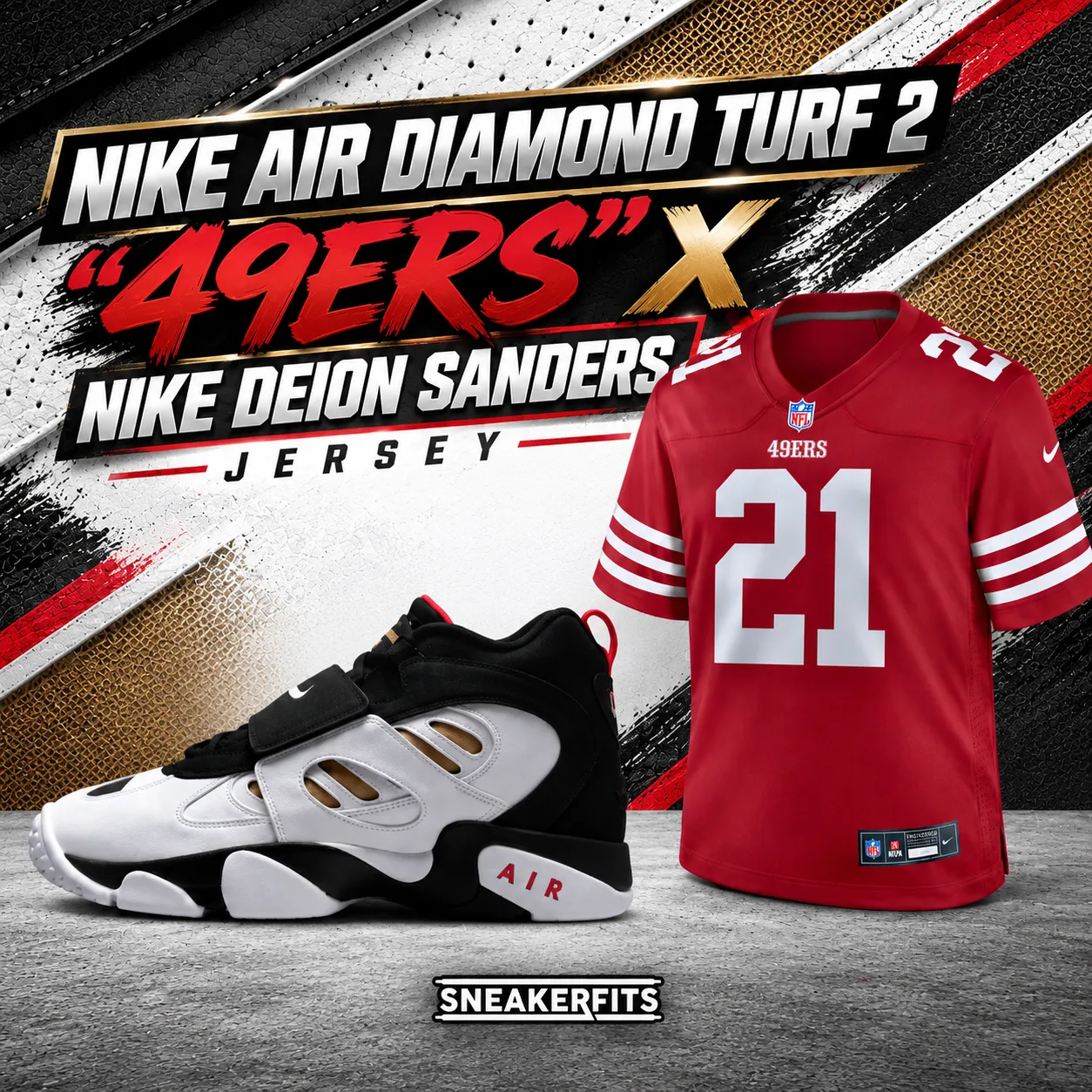 Nike Air Diamond Turf 2 “49ers” sneakers paired with the Nike Deion Sanders San Francisco 49ers No. 21 jersey.