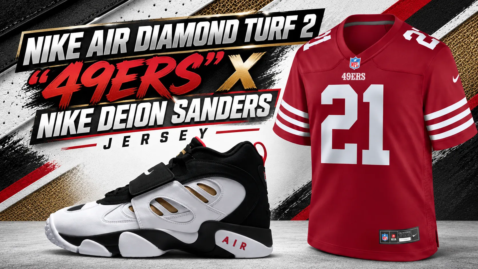 Nike Air Diamond Turf 2 49ers sneakers paired with a red Nike Deion Sanders San Francisco 49ers jersey.