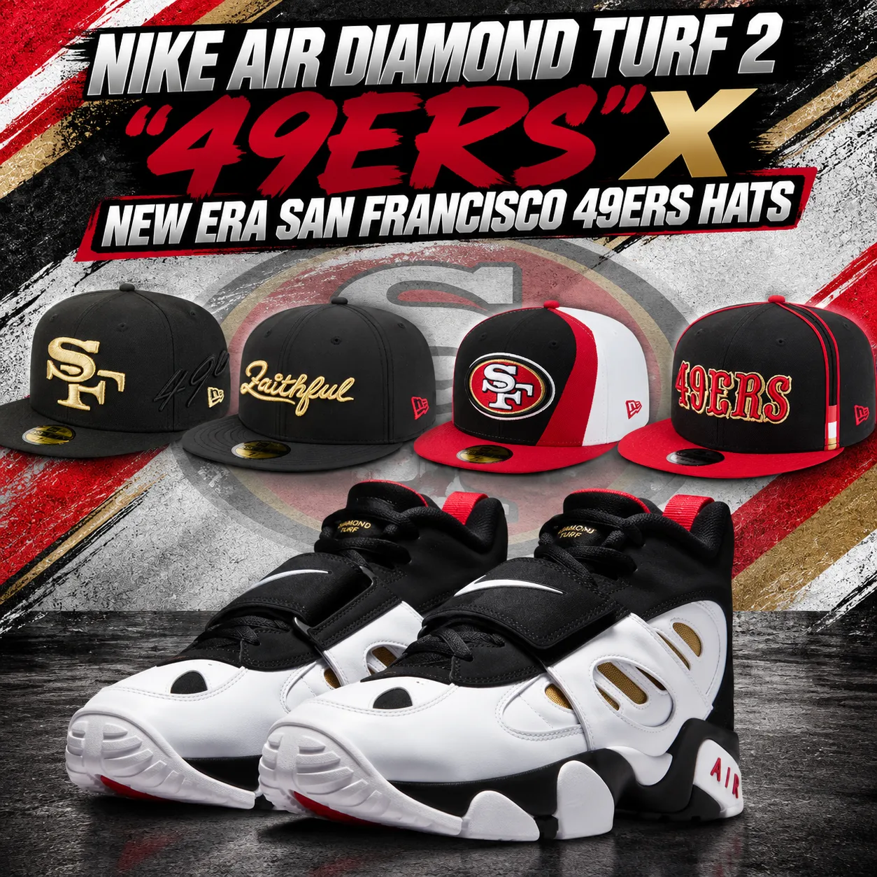 Nike Air Diamond Turf 2 “49ers” sneakers with matching New Era San Francisco 49ers hats in black, red, white and gold.