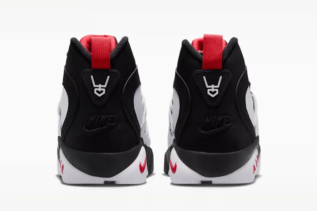 Heel view of the Nike Air Diamond Turf 2 with black, white and Fire Red details.