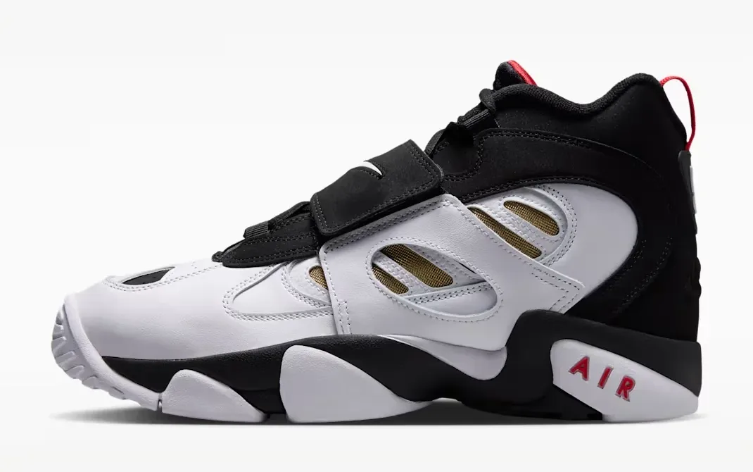 Medial side view of the Nike Air Diamond Turf 2 in Black, Fire Red, Metallic Gold and White.