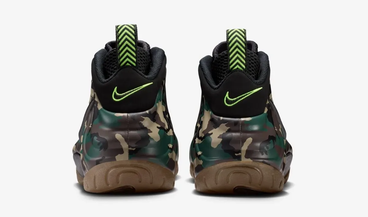 Rear view of the Nike Air Foamposite Pro Green Camo with Voltage Green Nike Swooshes and gum soles.