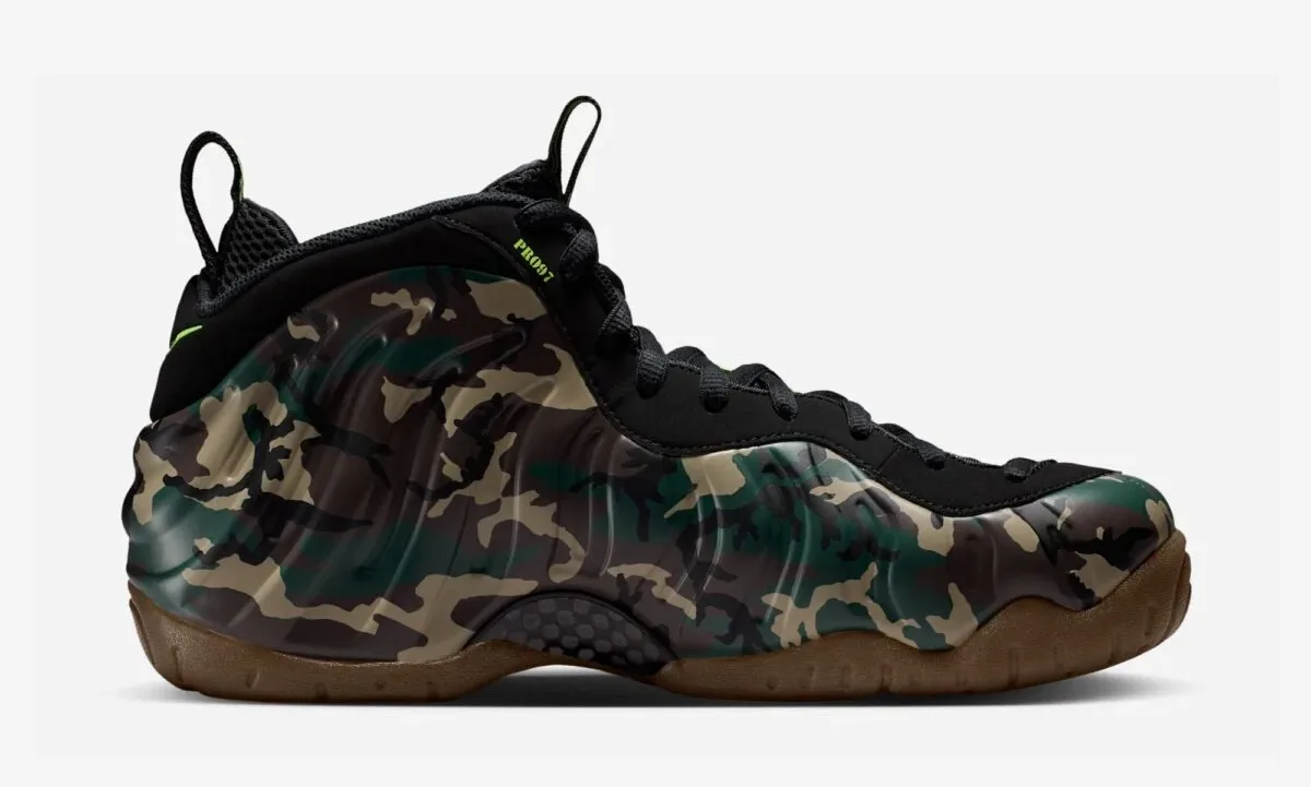 Nike Air Foamposite Pro Green Camo in black, green, brown and gum from the medial side.