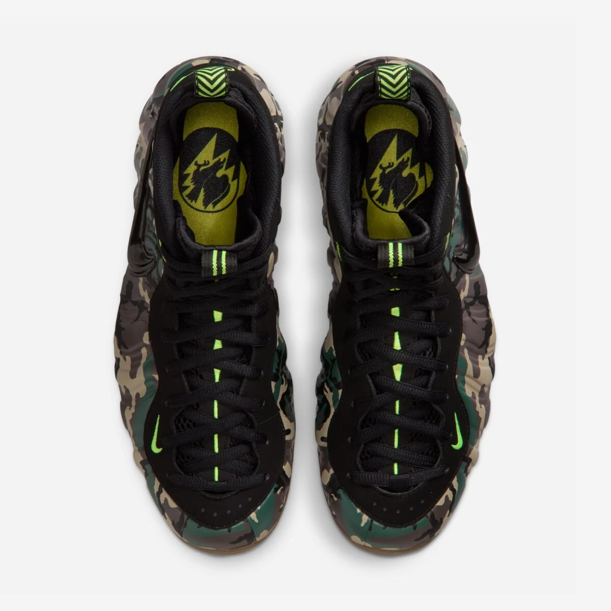 Top view of the Nike Air Foamposite Pro Green Camo with black laces and Voltage Green accents.