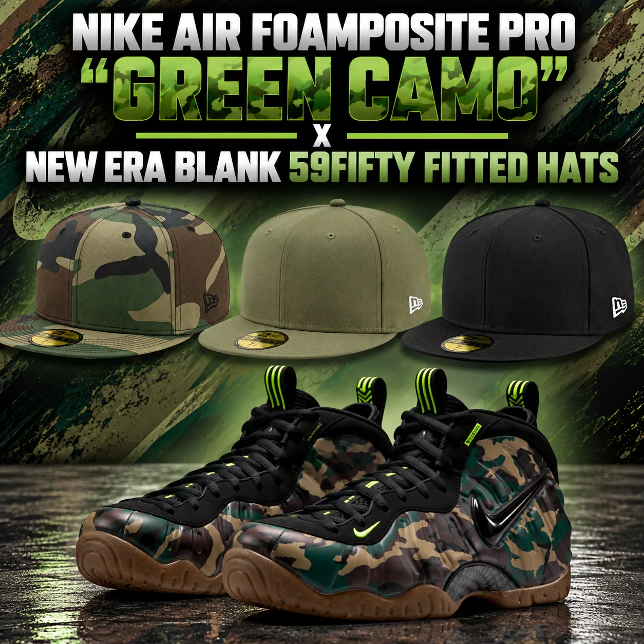 SneakerFits Nike Air Foamposite Pro Green Camo sneakers with camo, olive green and black New Era Blank 59FIFTY fitted hats.