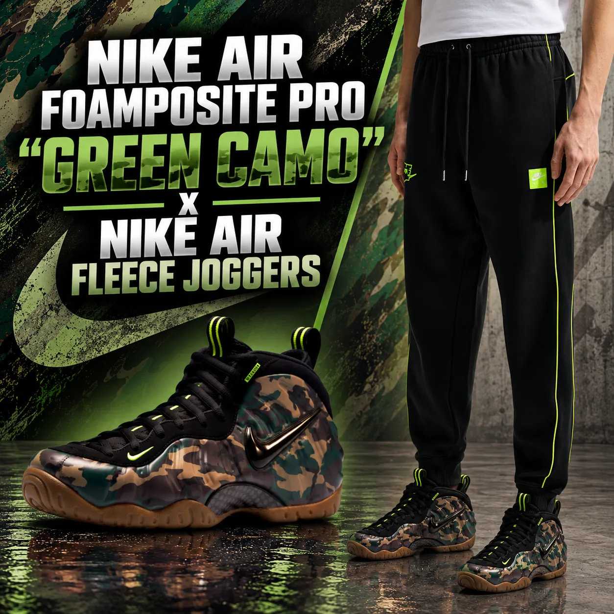 Nike Air Foamposite Pro Green Camo sneakers paired with black Nike Air Fleece Joggers with Voltage Green accents for SneakerFits