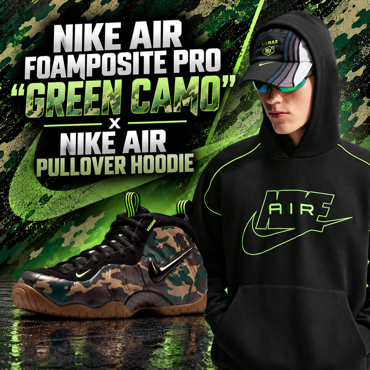 Nike Air Foamposite Pro “Green Camo” with black and Voltage Green Nike Air Pullover Hoodie outfit from SneakerFits