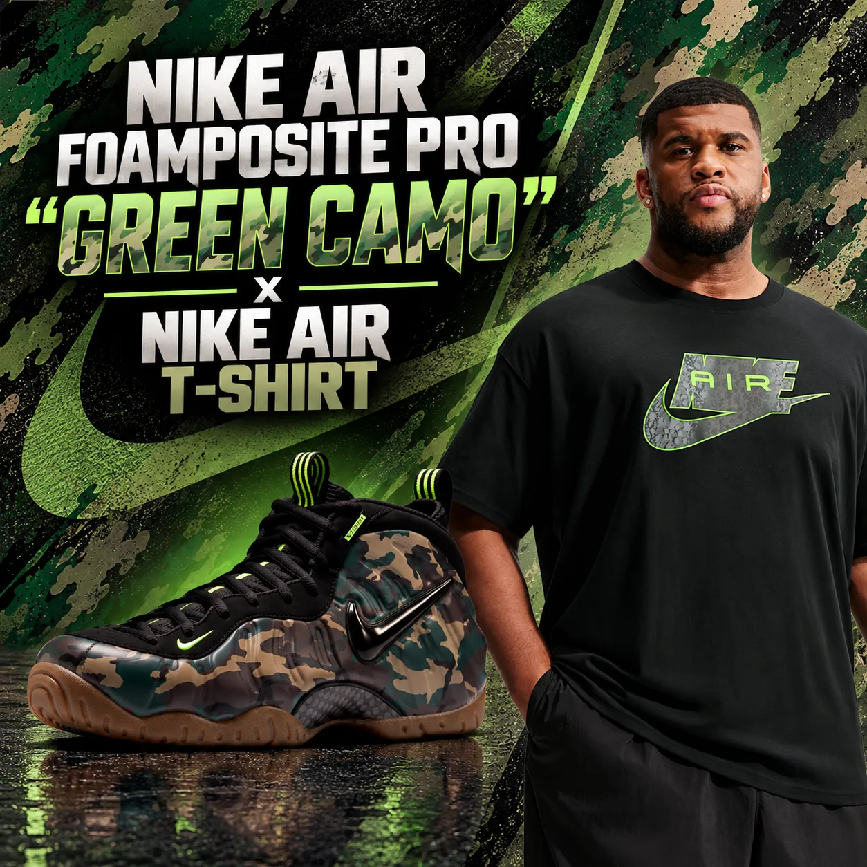 Nike Air Foamposite Pro Green Camo paired with a black Nike Air T-Shirt with green accents for SneakerFits.