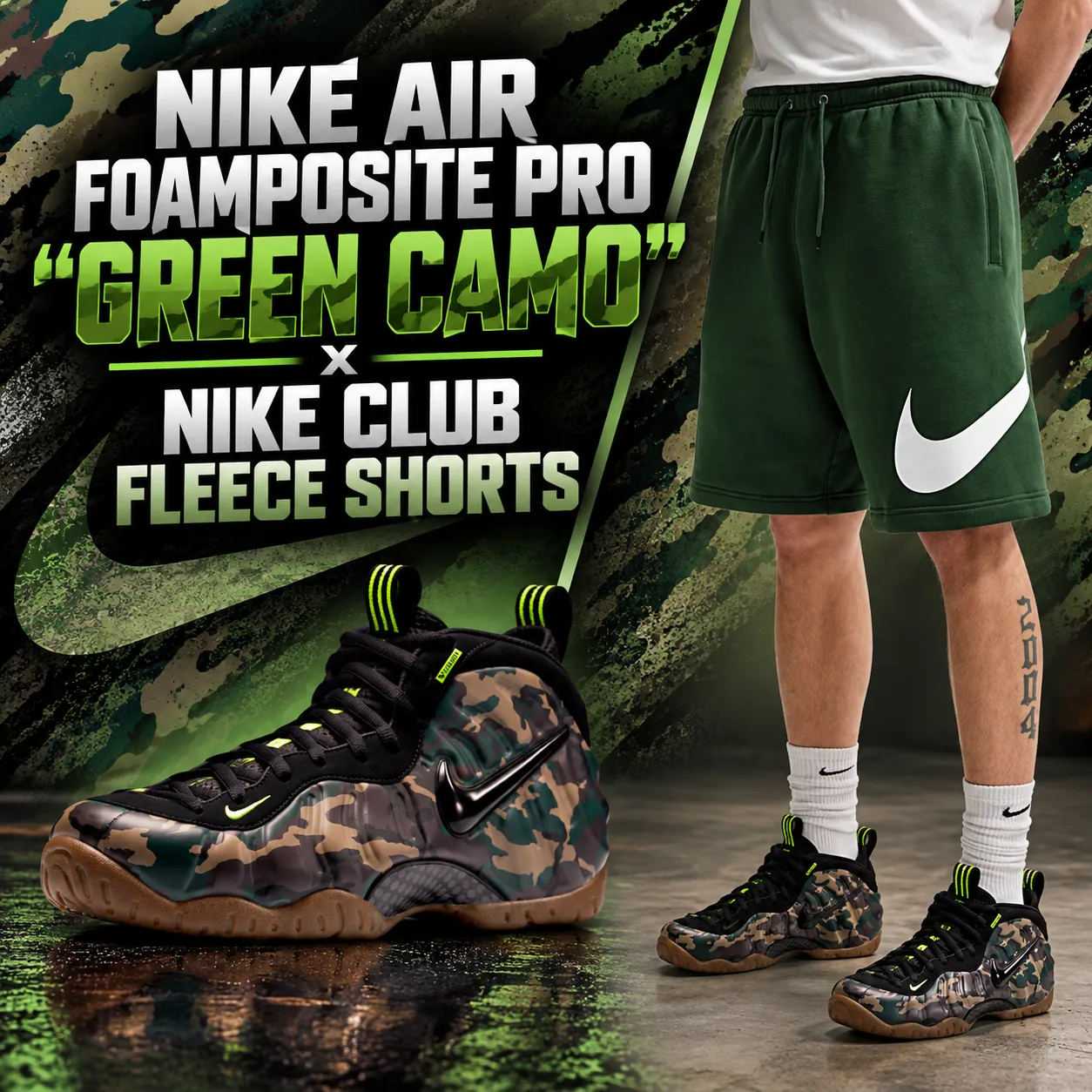Nike Air Foamposite Pro Green Camo sneakers matched with green Nike Club Fleece Shorts outfit by SneakerFits