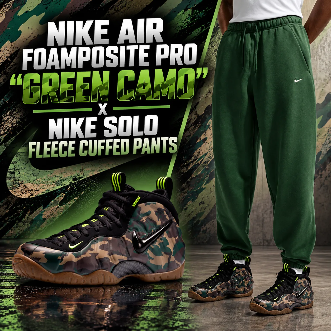 Nike Air Foamposite Pro Green Camo sneakers with Nike Solo Fleece Cuffed Pants outfit from SneakerFits