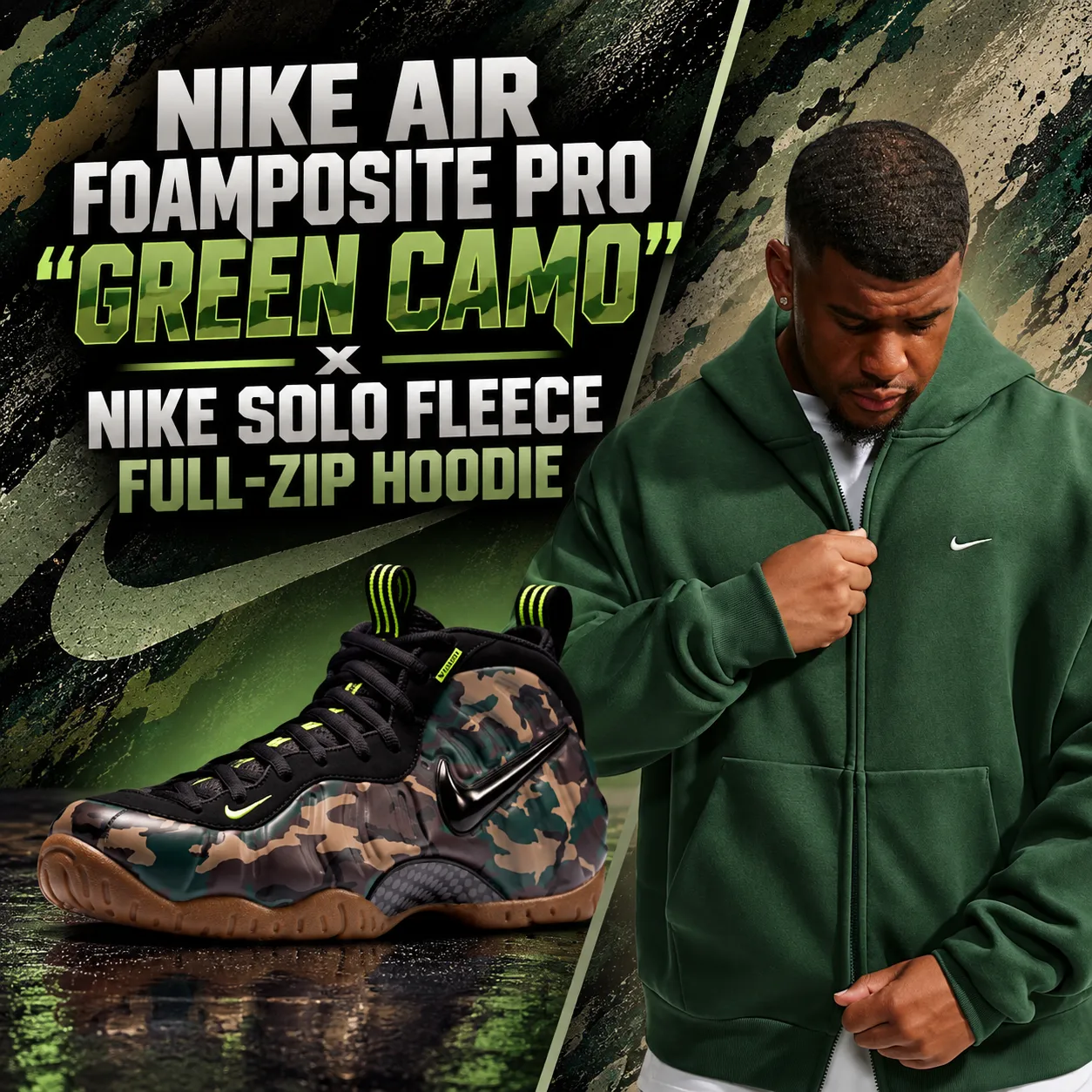 Nike Air Foamposite Pro “Green Camo” with Nike Solo Fleece Full-Zip Hoodie outfit from SneakerFits