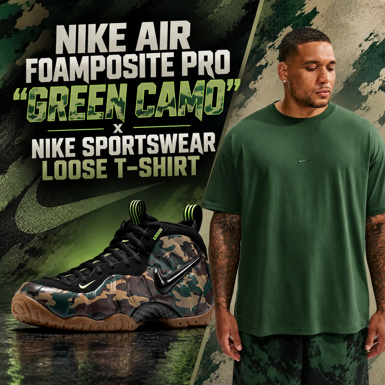 Nike Air Foamposite Pro Green Camo paired with a green Nike Sportswear Loose T-Shirt for SneakerFits.