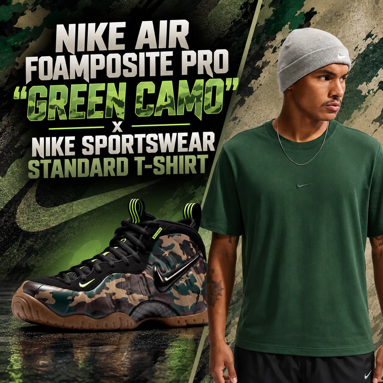 Nike Air Foamposite Pro Green Camo paired with a green Nike Sportswear Standard T-Shirt for SneakerFits.