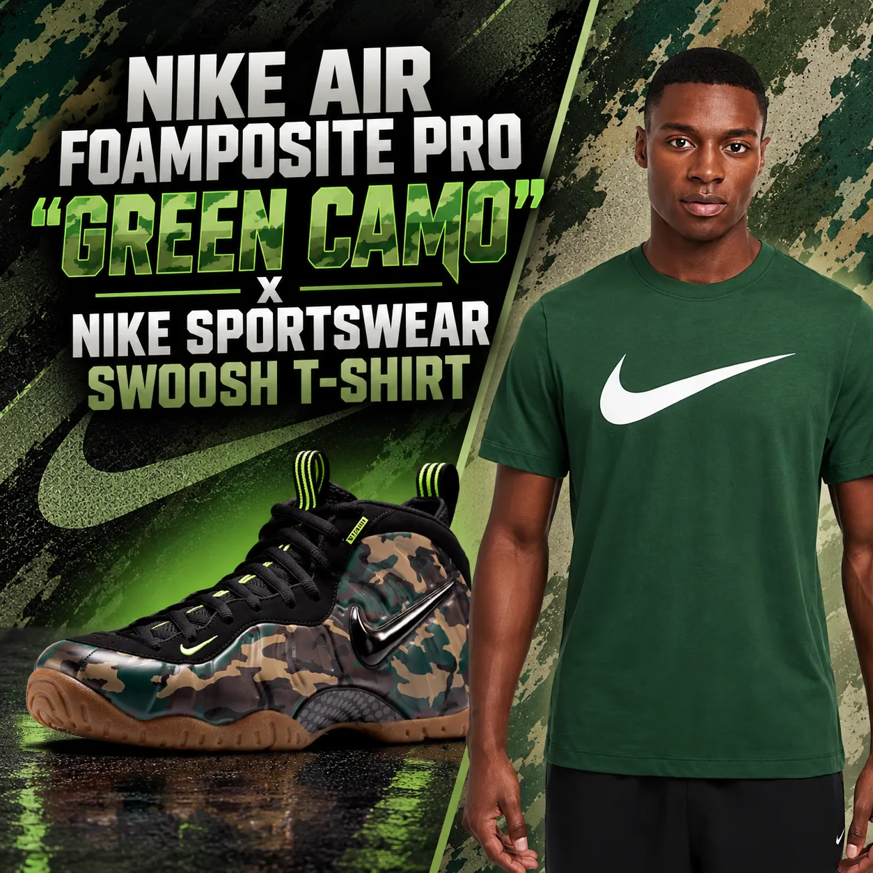 Nike Air Foamposite Pro Green Camo paired with a green Nike Sportswear Swoosh T-Shirt for SneakerFits.
