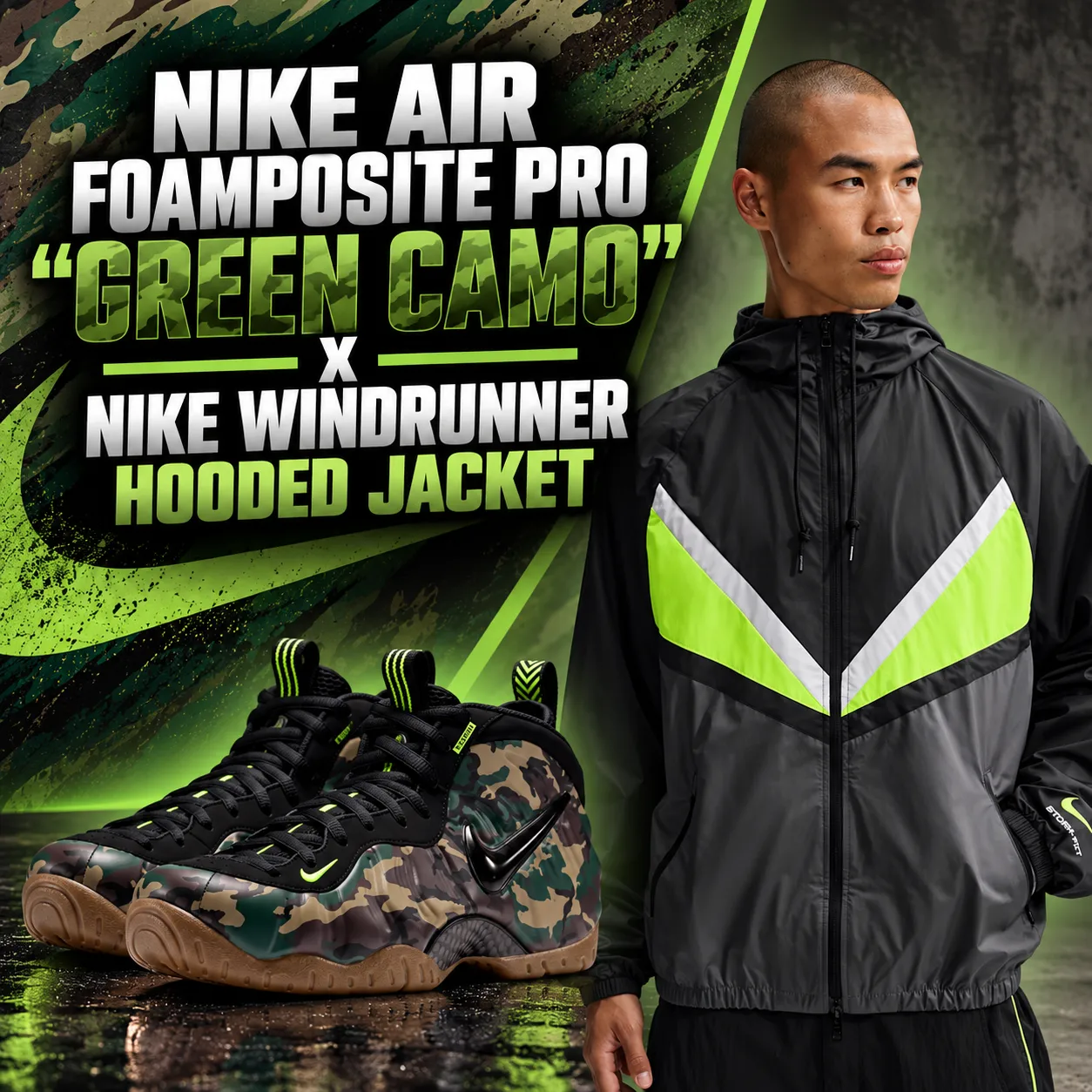 Nike Air Foamposite Pro Green Camo sneakers paired with a black, gray and Voltage Green Nike Windrunner Hooded Jacket by SneakerFits