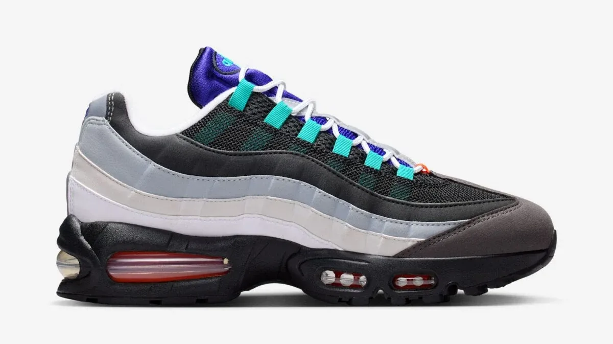Nike Air Max 95 Greedy in Black, White, Medium Ash and Aqua shown from the lateral side.