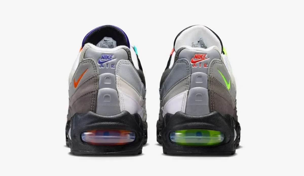Heel view of the Nike Air Max 95 Greedy in Medium Ash and Black with Neon Green and red accents.