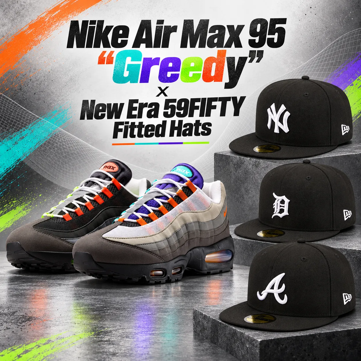 Nike Air Max 95 Greedy sneakers paired with black New Era 59FIFTY fitted hats from the Yankees, Tigers and Braves.