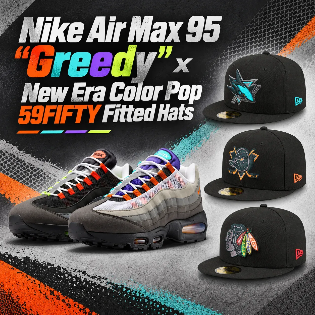 Nike Air Max 95 Greedy sneakers paired with New Era Color Pop 59FIFTY fitted hats in matching orange, aqua, purple and neon green accents.