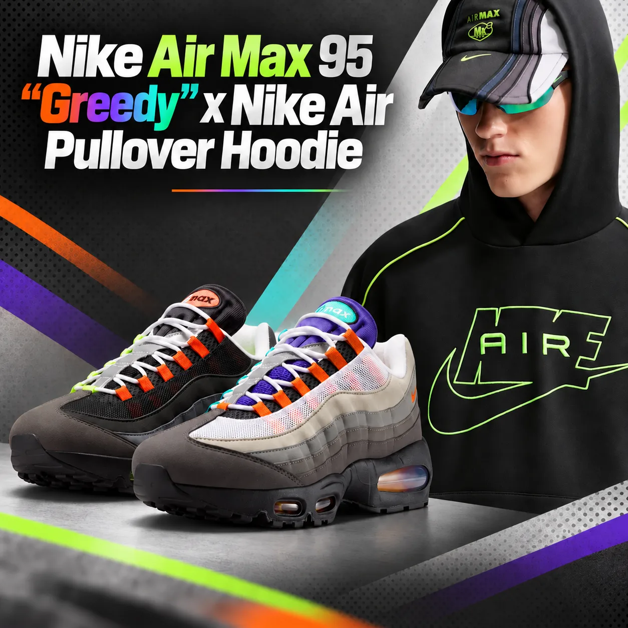 Nike Air Max 95 Greedy sneakers with matching Nike Air Pullover Hoodie in black and neon green.