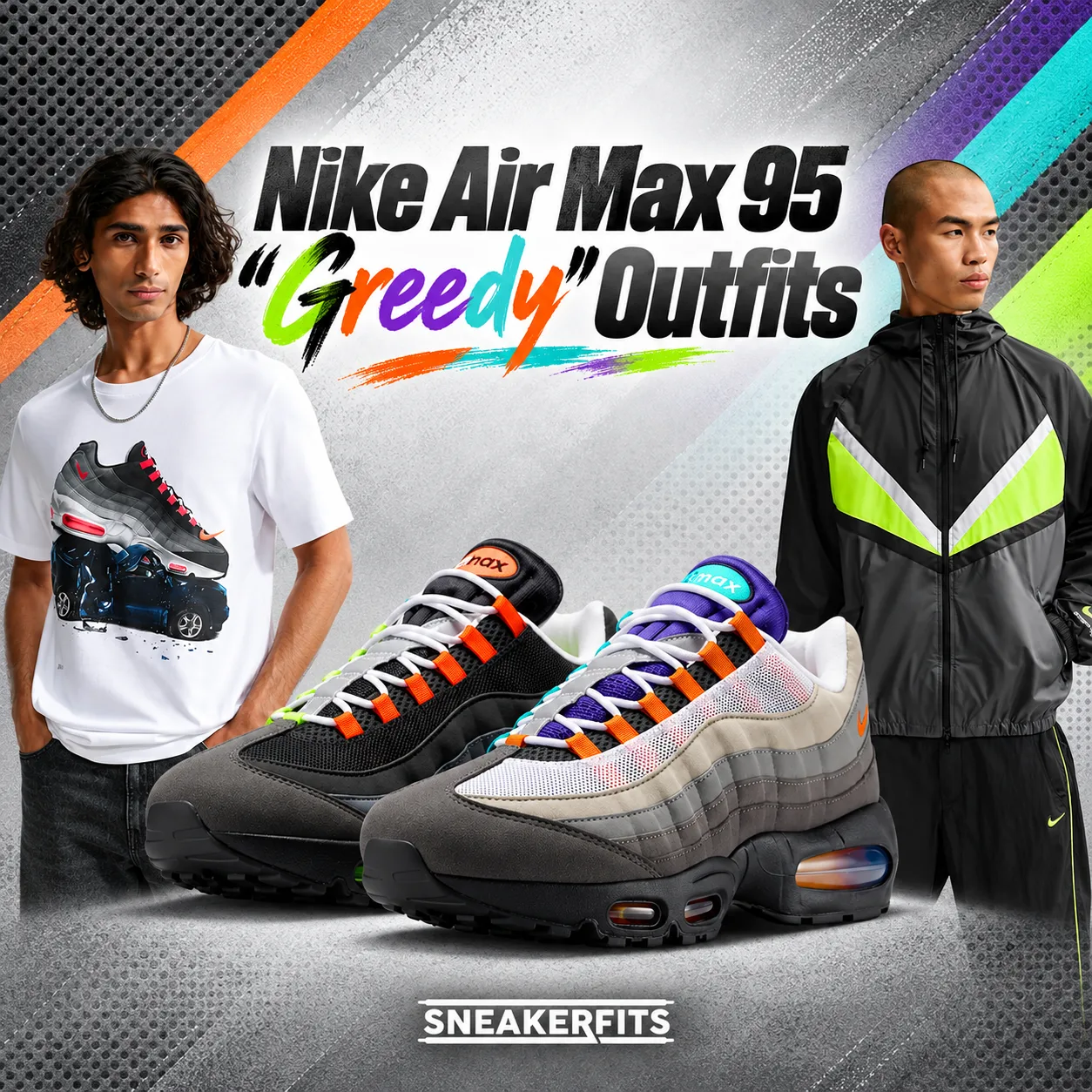 Nike Air Max 95 Greedy outfits with matching Nike apparel, colorful sneaker-inspired graphics and SneakerFits logo.