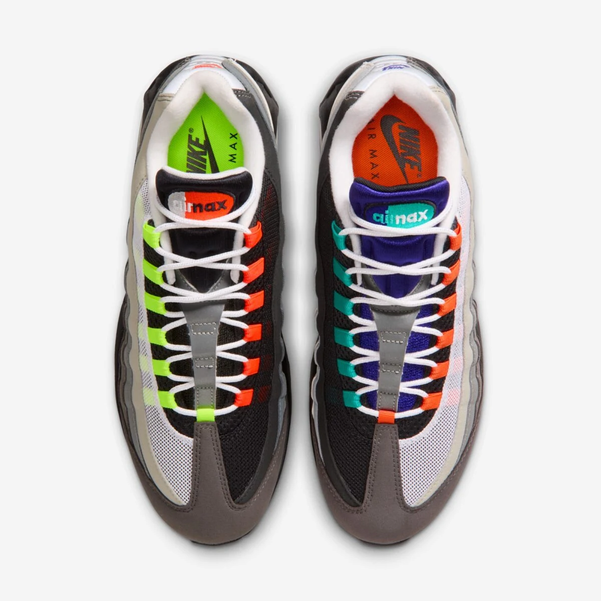 Top view of the Nike Air Max 95 Greedy with White, Black, Medium Ash, Bright Mandarin, Neon and Aqua details.