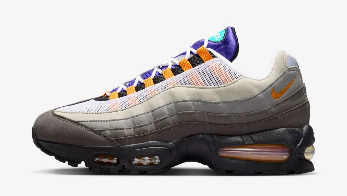 Nike Air Max 95 Greedy in White, Medium Ash and Bright Mandarin shown from the lateral side.